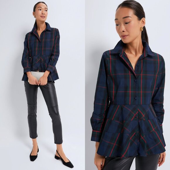 Pomander Place NEW Fraser Navy Plaid Ashlen Peplum Long Sleeve Blouse Top Size M - Picture 1 of 9